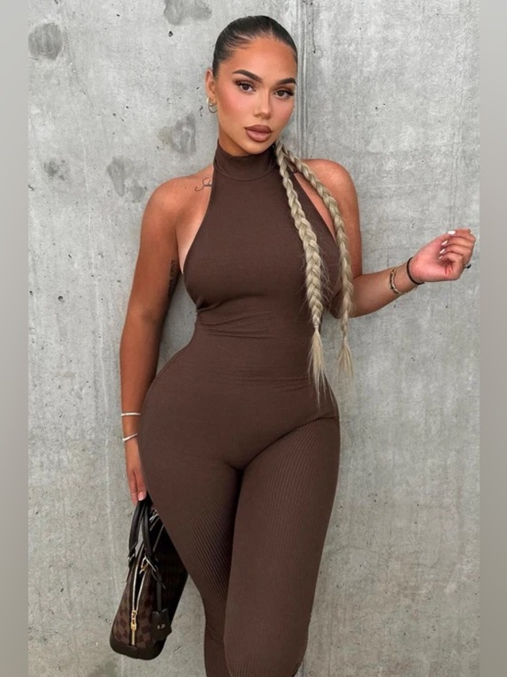 Fashion Nova Chocolate Halter Neck Jumpsuit - Picture 3 of 8